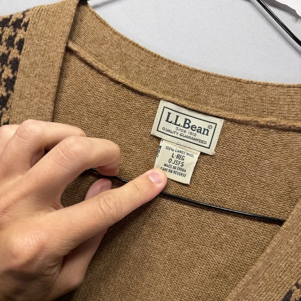 LL Bean Cardigan Sweater Mens Large Brown Houndstooth Lambswool Grandpa Preppy